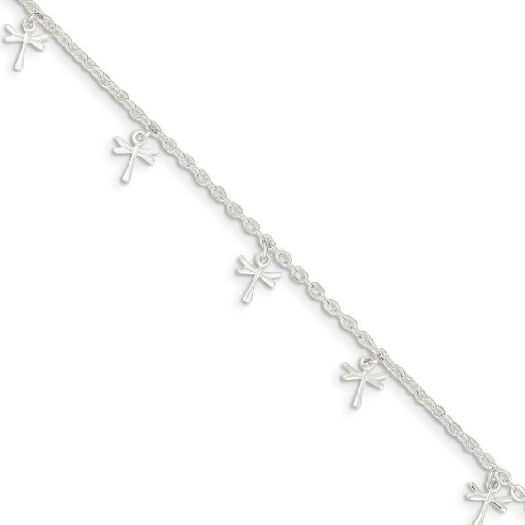 Sterling Silver 2.5mm Cable Chain And Dragonfly Charm Anklet, 9-10 In - Picture 1 of 4